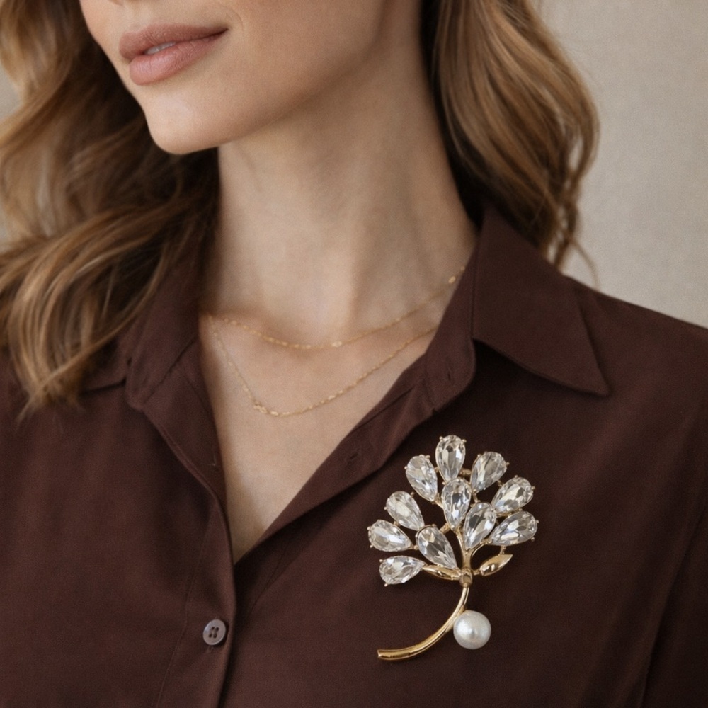 Elegant Gold-Tone Crystal Leaf Brooch with Pearl Accent - Women Jewelry